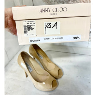 Jimmy Choo Crown Patent Leather Peep Toe Platform Pump Nude Womens Size 38.5 / 8