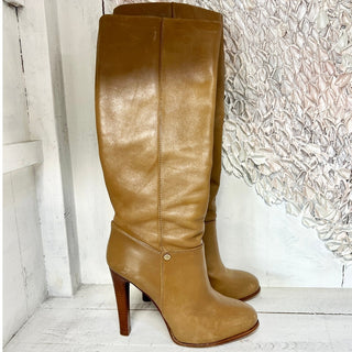 Tory Burch Kasey Leather Side Zip Stacked Heel Knee High Boots Tan Women's 8.5