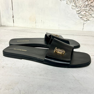 Burberry Monogram Plaque Leather Slip On Flat Slide Sandals Black Size 41 / 10.5