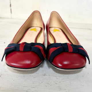 Gucci Leather Grosgrain Web Stripe Bow Slip On Ballet Flat Shoes Red Womens 37.5