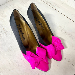 NWT Yves Saint Laurent's Two Tone Satin Slip On Pump Fuchsia/Black Womens Size 8