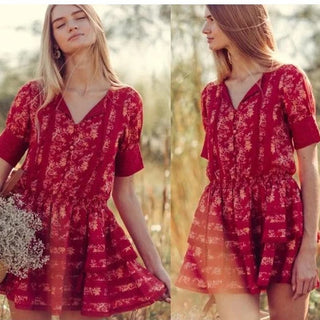 Krewe Du Q Ruffle Boho Floral Print “Kingston” Tiered Mini Dress Red Women's XS