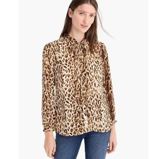 J.Crew Long Sleeve Leopard Print Tie Neck Button Up Shirt Brown Women's Large