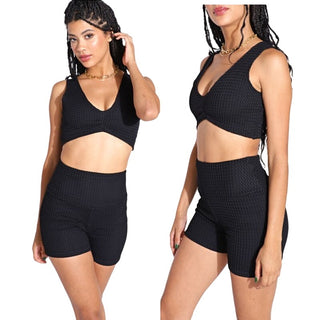 Montce Sleeveless Crochet Knit Crop Top & Biker Short Set Black Women's XS