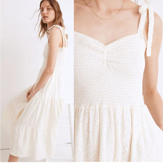 Madewell Eyelet Lucie Smocked Tie-Strap Tiered Midi Dress Cream Women's Size M