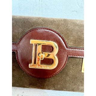 Balmain B-Buzz 23 Suede with Leather Trim Top Logo Flap Belt Bag Brown