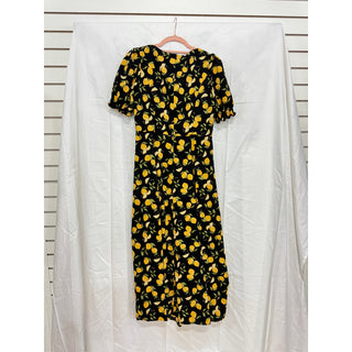 O.p.t. Melanie Lemon Printed Puff Sleeve Slit Midi Dress Black/Yellow Women's M