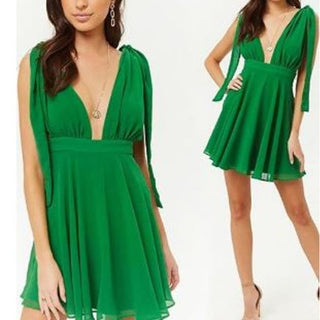 NWT Forever 21 Self Tie Strap Deep V Neck A-line Mini Dress Green Women's Medium