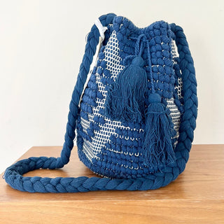 NWT Guadalupe Women's Crochet Tassel Bucket Crossbody Bag Blue