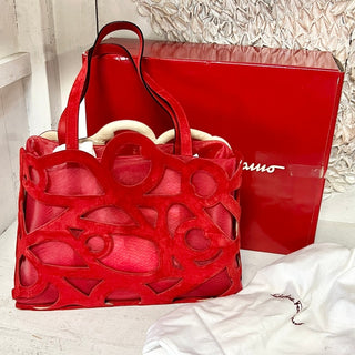 Salvatore Ferragamo Suede Trimmed Mesh Shoulder Tote Bag Red with Box