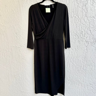 T Tahari 3/4 Sleeve Asymmetrical Slit V Neck Midi Dress Black Women's Size Small