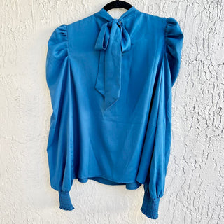 NWT Jealous Tomato Long Puff Sleeve Back Tie Top Blouse Blue Women's Size Large