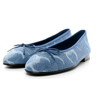 NEW Chanel Denim Printed CC Cap Toe Ballerina Flats Shoes Light Blue Women's 36