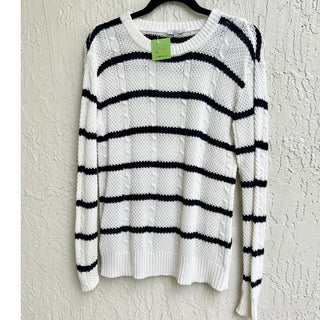 Rails Long Sleeve Cable Knit Striped Pullover Sweater White Blue Women's Medium