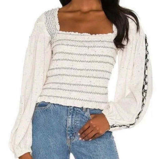 NWT Free People Puff Sleeve Embroidered Maggie Smocked Top White Women's Size XS