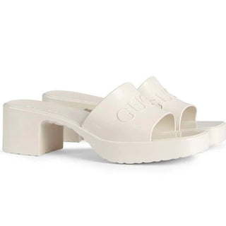 Gucci Embossed Logo Gloss Rubber Slide Heeled Mule Sandals Off-White Women 38