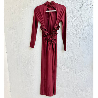 NWT Camila Coelho Crisscross Mock Neck Satin Telma Maxi Dress Burgundy Women XS