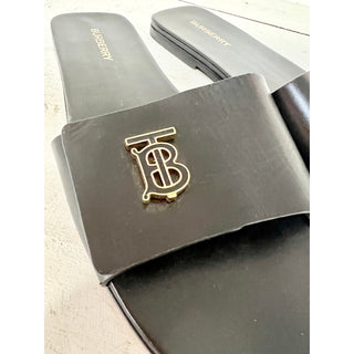 Burberry Monogram Plaque Leather Slip On Flat Slide Sandals Black Size 41 / 10.5