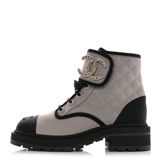 Chanel Fabric Grosgrain Quilted Cap Toe Lace Up Combat Boots Gray Women's EU 37