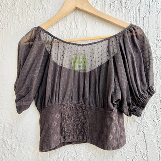 Free People Puff Sleeve Semi Sheer Heartstrings Top Blouse Brown Women's Size XS