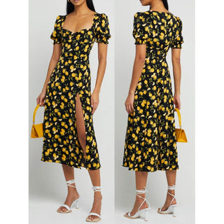 O.p.t. Melanie Lemon Printed Puff Sleeve Slit Midi Dress Black/Yellow Women's M