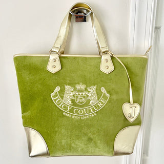 VTG Juicy Couture Velvet Leather Y2k Velour Tote Bag W/ Roll Purse Green Women's