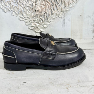 Miu Miu 20MM Distressed Leather Penny Loafers w/ Golden Coin Blue Womens 40/9.5