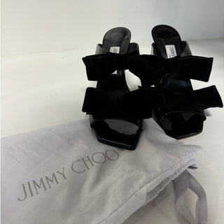 Jimmy Choo Flaca Velvet Bow Patent-Leather Mules Sandals Black Women's 39 / 8.55