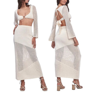 NWT Capittana Long Sleeve Crop Heart Top & Knit Maxi Skirt Set Ivory Women's M/L