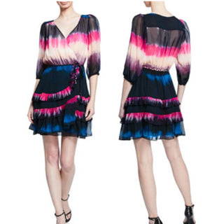 Tanya Taylor Valeria Tie-Dye Silk Tiered Ruffle Faux Wrap Dress Black/Pink US 2