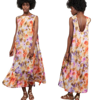 $465 Momoni Sleeveless 100% Silk Printed Destin Midi Dress Multicolor FR 40/US 8