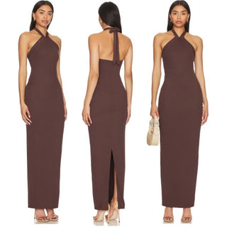 Rumer Sleeveless Jersey Halter Neck Lotte Maxi Dress Chocolate Women's Size XS