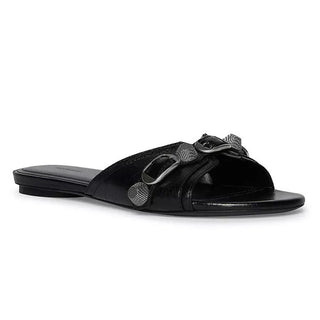 Balenciaga Cagole Arena Lambskin Slip On Open Toe Flat Sandals Black Women's 37