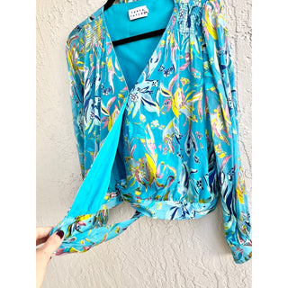 Tanya Taylor Printed Klara Long Sleeve V-Neck Wrap Top Blouse Blue Womens Size 6