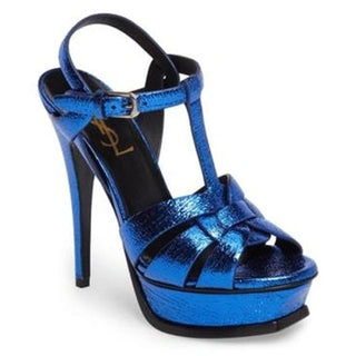 Saint Laurent Tribute Leather T-Strap Metallic Platform Sandals Metal Blue 39L/9