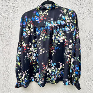 $248 Parker Long Sleeve Floral Print V-Neck Tie Top Blouse Black Women's Large