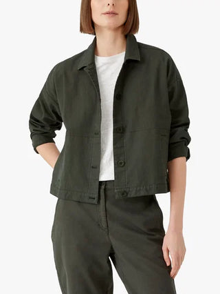 Eileen Fisher Organic Cotton Hemp Boxy Fit Short Jacket Green Women's Petite M