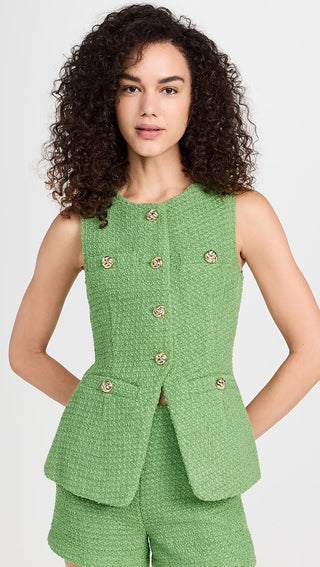 NWT Endless Rose Tweed Buttoned Long Split Waistcoat Top Green Women's Large