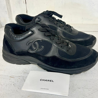 Chanel CC Logo Leather/Suede Low Top Runner Sneaker Triple Black Men Size 43 / 9