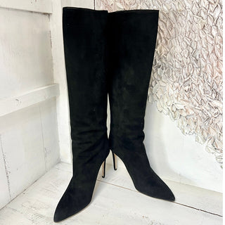 Gucci Suede Pull On Pointed Toe Knee High Heeled Dress Boots Black Women's 38