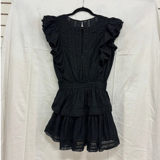 LoveShackFancy Natasha Ruffle Trim Short Sleeve Eyelet Mini Dress Black Women XS