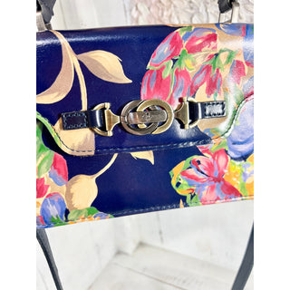 Patricia Nash Floral Print Leather Satchel Purse Crossbody Bag Winter Bloom Blue