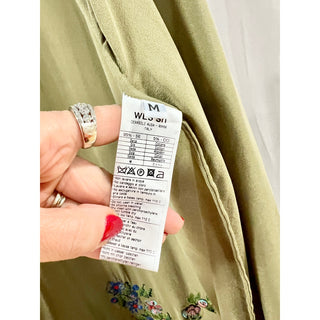 Anjuna Embroidered Floral Open Front Kimono Kaftan Olive Green Women's Size M