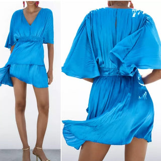 Zara Satin Short Sleeve V-Neck Pleated Playsuit Romper Cobalt Blue Women's XS