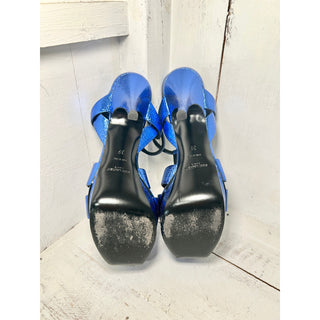 Saint Laurent Tribute Leather T-Strap Metallic Platform Sandals Metal Blue 39L/9