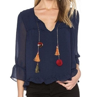 MISA Los Angeles Aleks 3/4 Sleeve Tassel-Trim Ruffle Blouse Top Navy Women's XS