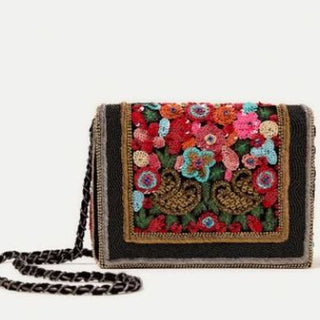 Zara Swans Embroidered Beaded/Sequin Shoulder Bag with Chain Strap Black Multi
