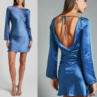 NWT Showpo. Boat Neck Open Tie Back Cladette Mini Dress Steel Blue Women's US 2