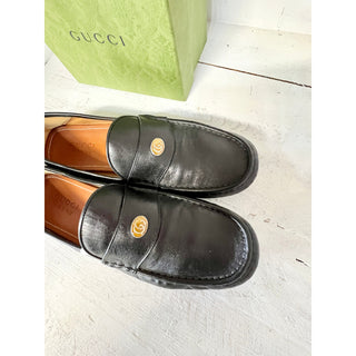 Gucci Leather GG Logo Slip On Driver Moccasins Loafer Shoes Black Men's Size 12