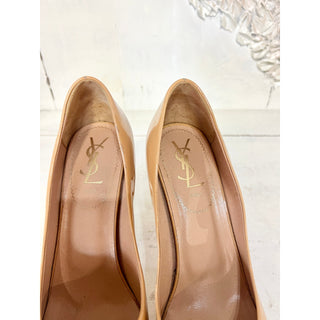 Saint Laurent YSL Patent Leather Slip On Peep Toe Stilettos Pump Beige 38 / 7.5